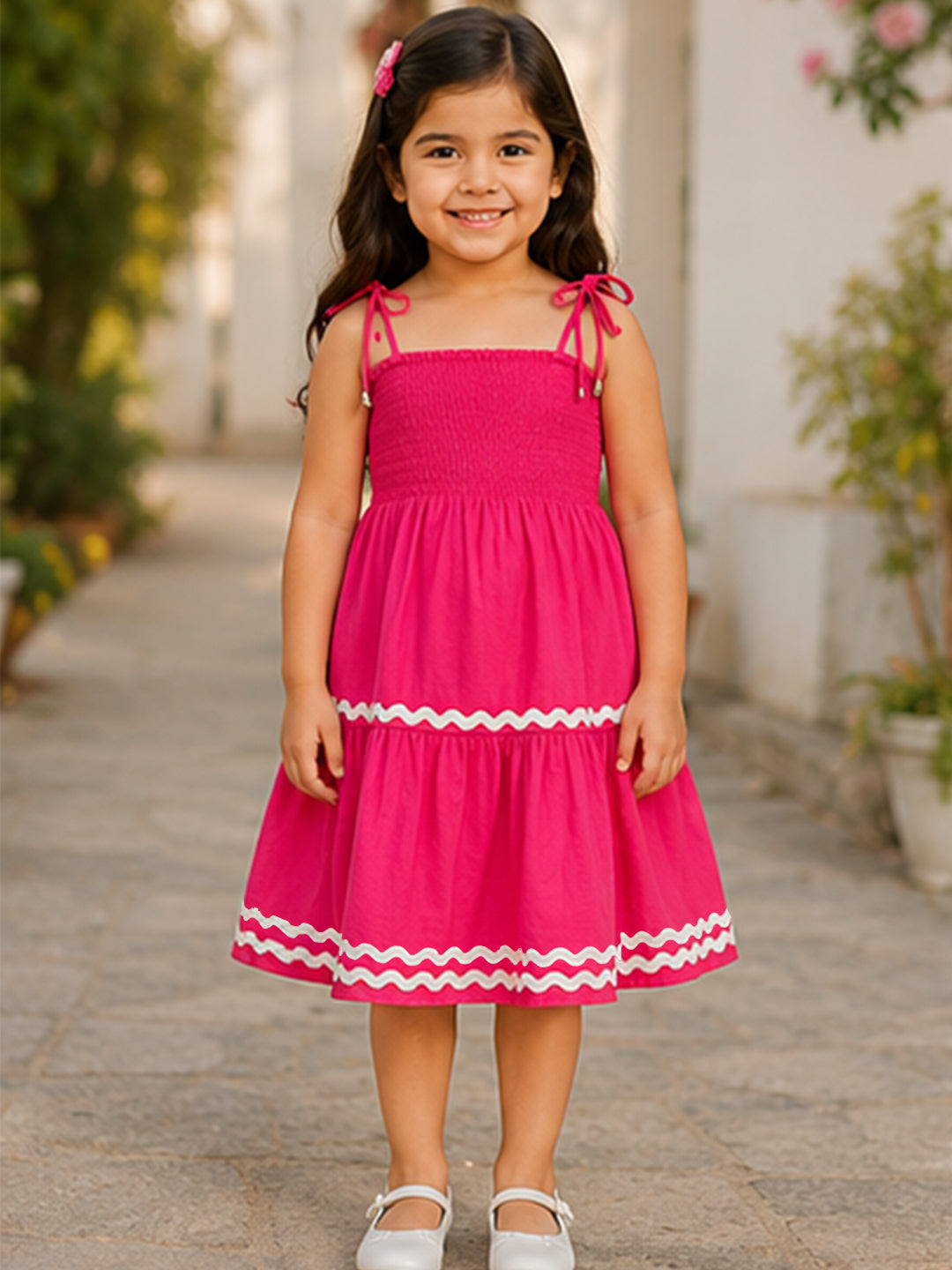 Fushia Smocked Rayon Printed Tiered Dress with Tie-Up Straps