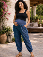 BLUE COTTON DENIM WOMEN'S MATERNITY SMOKED JOGGER