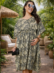 BLACK GEO MATERNITY COTTON KAFTAN WITH FEEDING ZIPPER