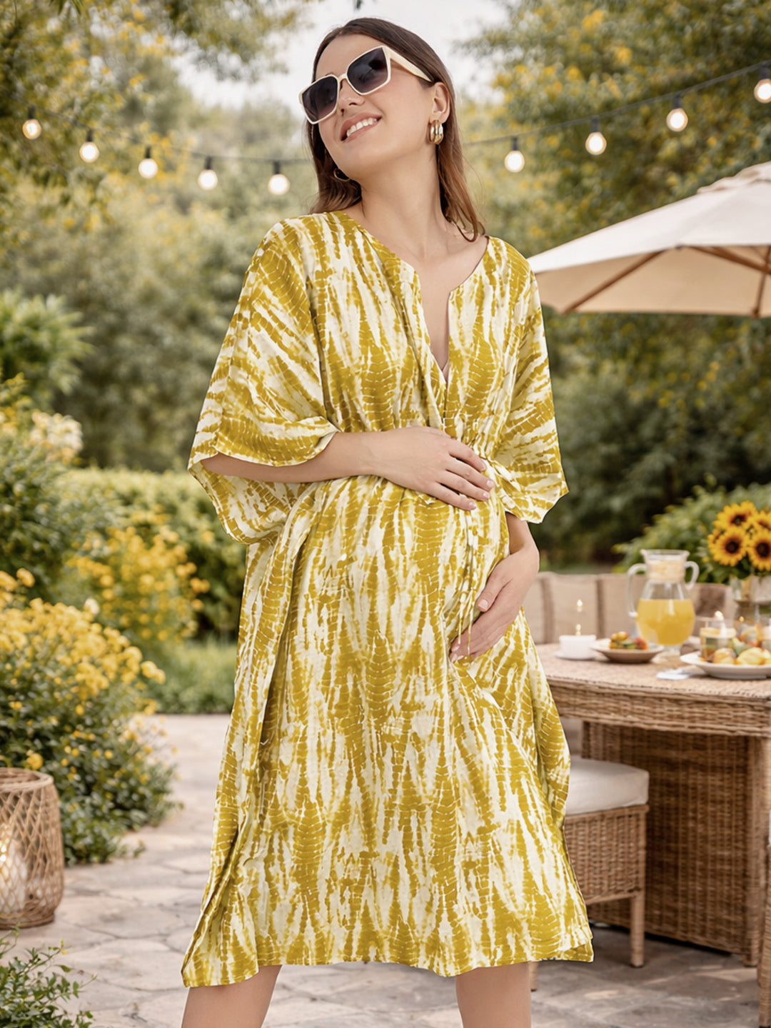 OLIVE TIE-DYE MATERNITY COTTON KAFTAN WITH FEEDING ZIPPER