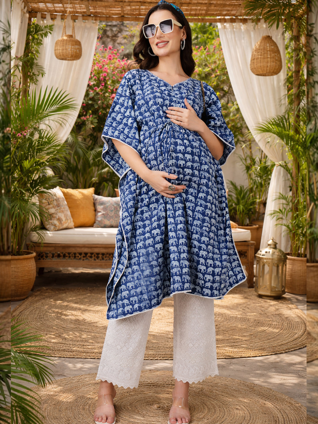 Blue Printed Maternity Kaftan Co-Ord Set with Smocked Pajama