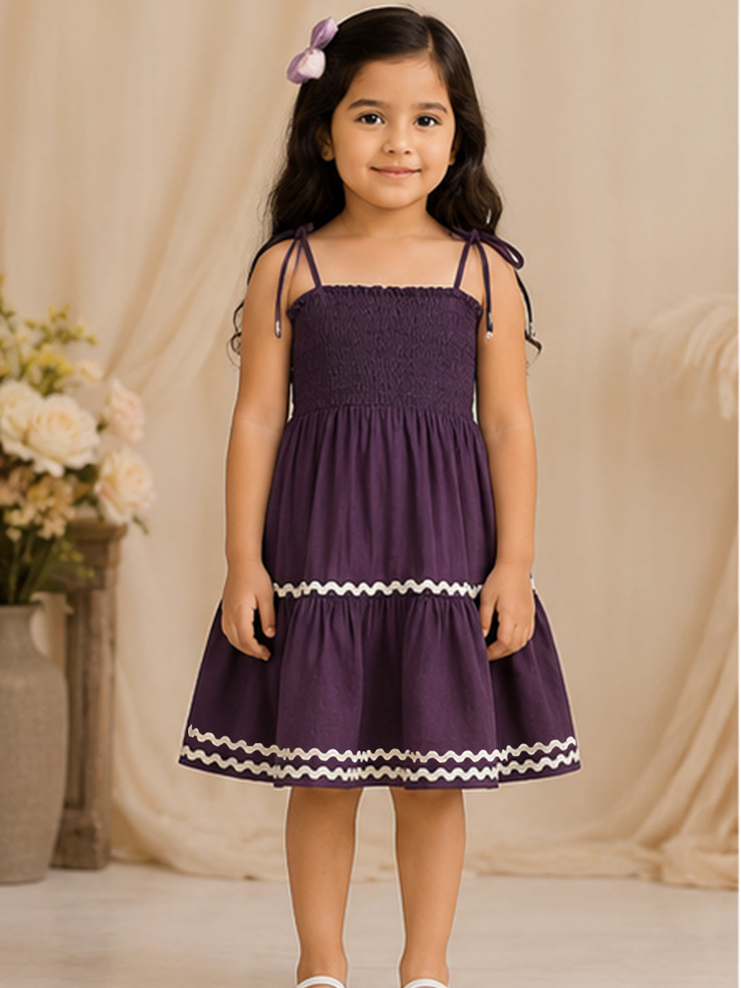 Purple Smocked Rayon Printed Tiered Dress with Tie-Up Straps