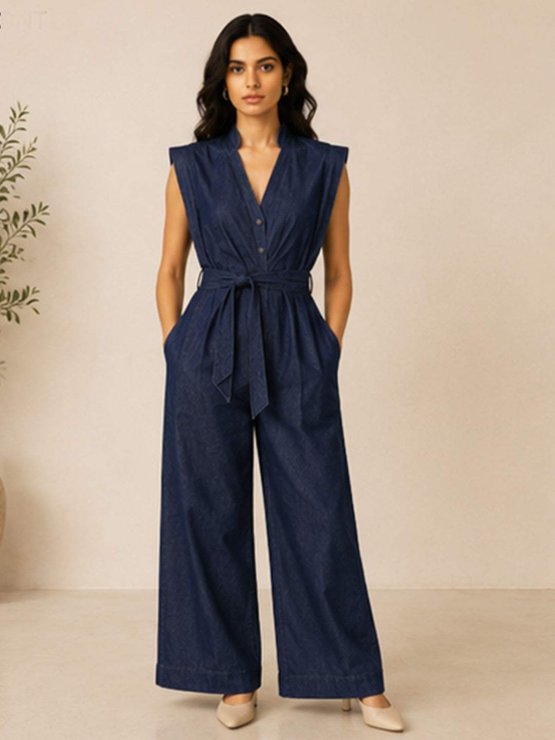 LINDA DARK INDIGO DENIM SLEEVELESS WIDE LEG JUMPSUIT