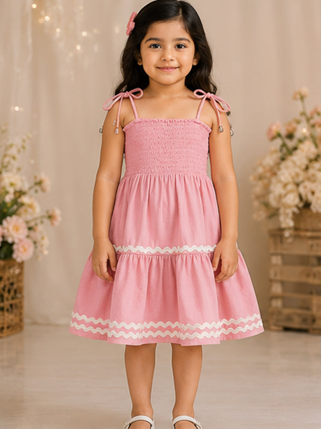 Pink Smocked Rayon Printed Tiered Dress with Tie-Up Straps