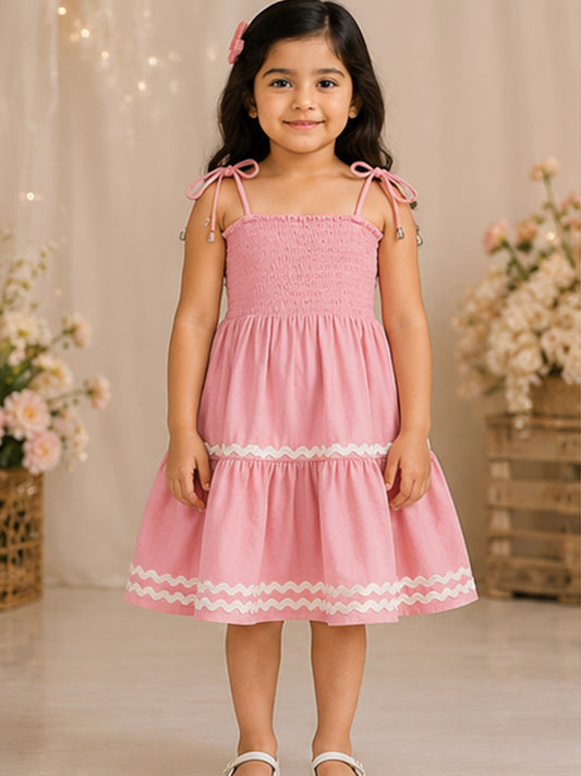 Pink Smocked Rayon Printed Tiered Dress with Tie-Up Straps