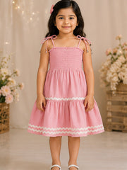 Pink Smocked Rayon Printed Tiered Dress with Tie-Up Straps