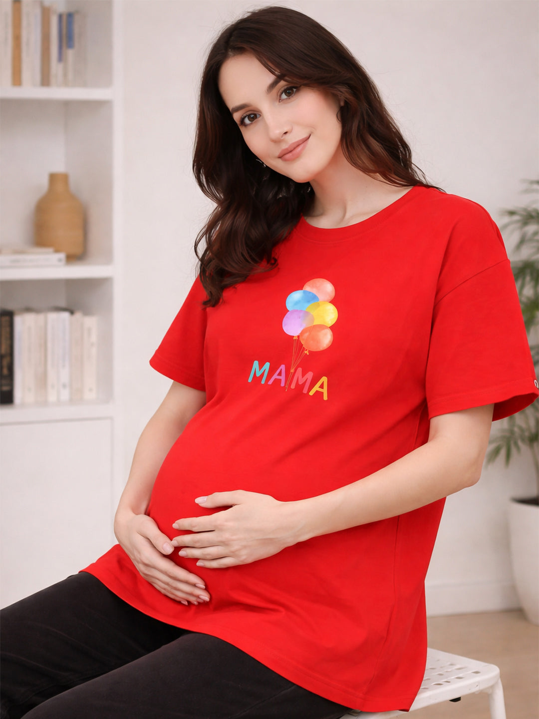 RED SOFT BIO-WASHED MATERNITY T-SHIRT