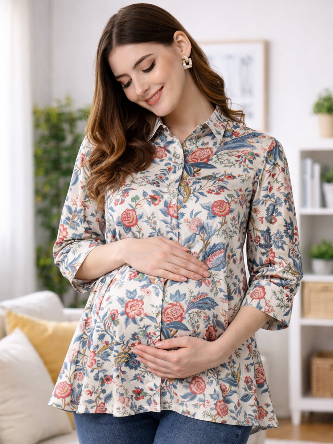 Cream Floral Maternity Shirt for Women