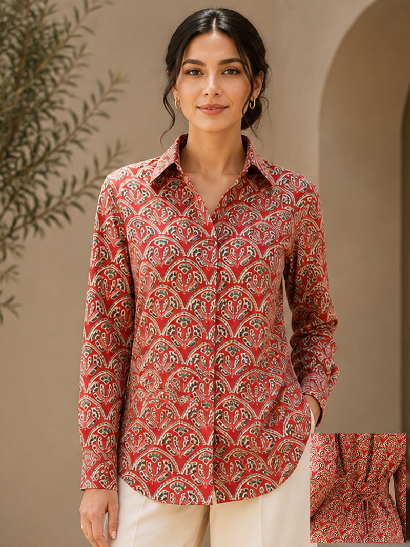 Women's Red Geo Print Cotton Shirt with Adjustable Back Tie-Up