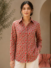 Women's Red Geo Print Cotton Shirt with Adjustable Back Tie-Up