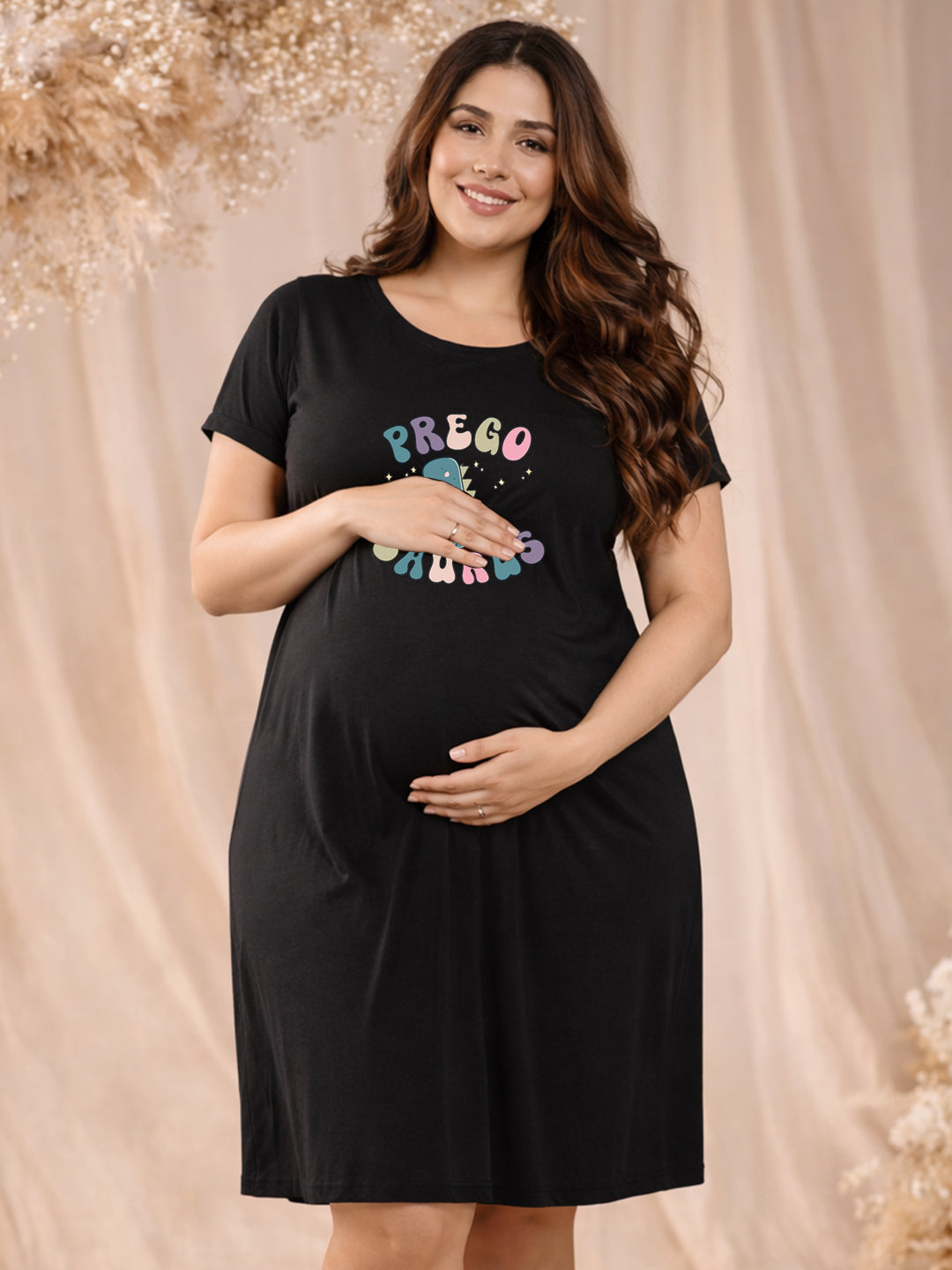BLACK MATERNITY COTTON KNIT NIGHTDRESS WITH PRINT