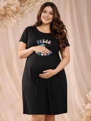 BLACK MATERNITY COTTON KNIT NIGHTDRESS WITH PRINT