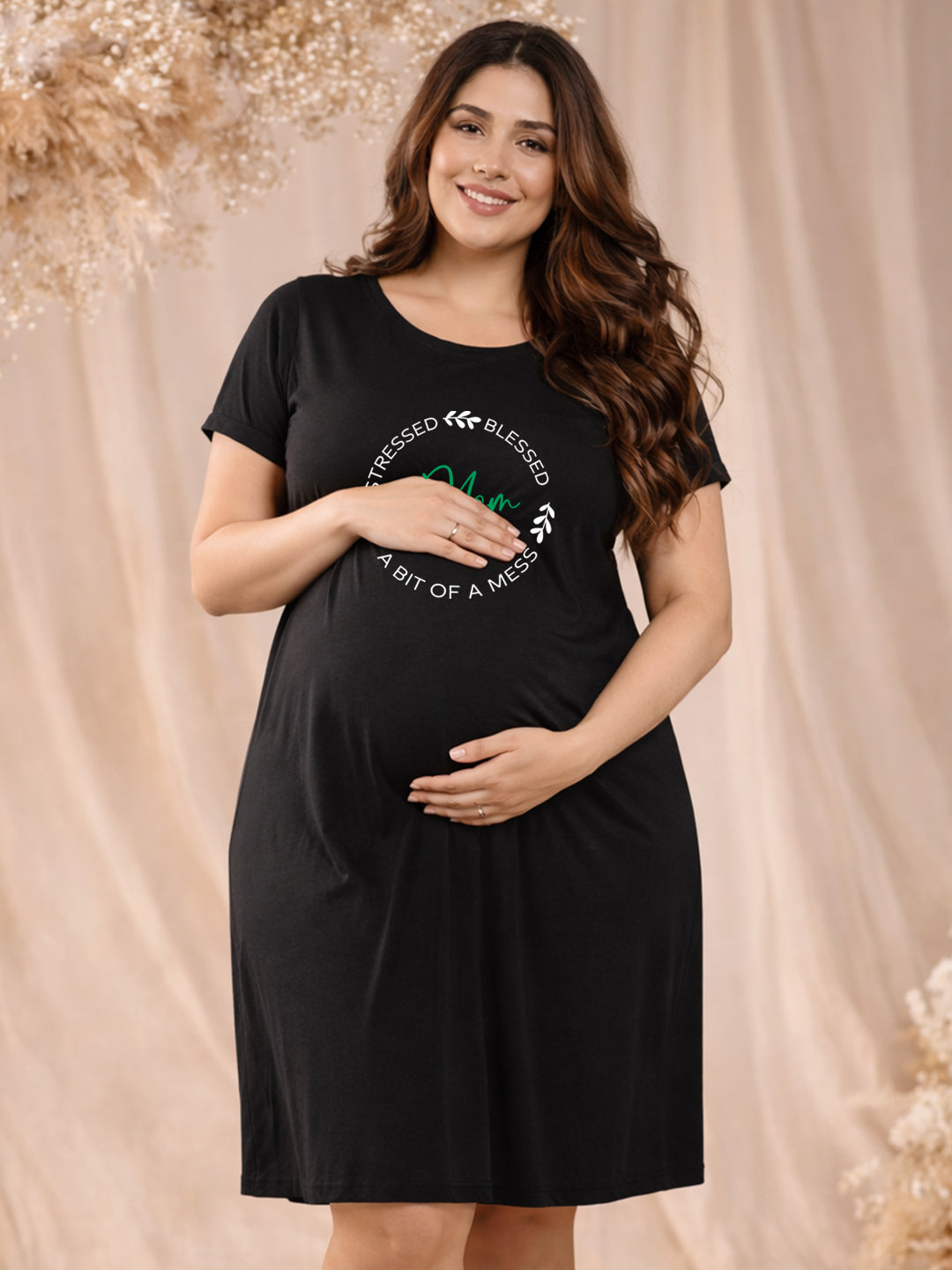 BLACK MATERNITY COTTON KNIT NIGHTDRESS WITH PRINT