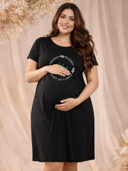 BLACK MATERNITY COTTON KNIT NIGHTDRESS WITH PRINT
