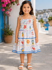 White & Blue Smocked Linen Viscose Printed Tiered Dress with Tie-Up Straps