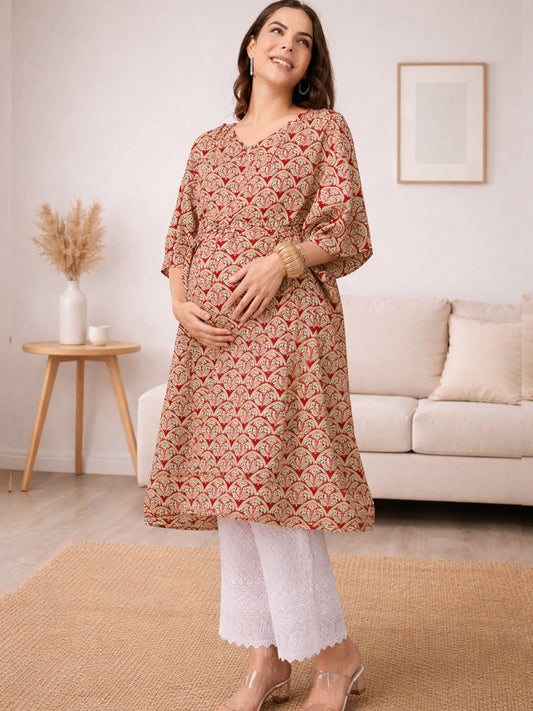 RED GEO PRINTED MATERNITY KAFTAN CO-ORD SET WITH SMOKED PAJAMA