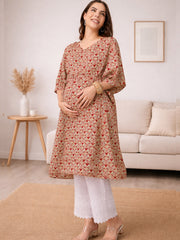 RED GEO PRINTED MATERNITY KAFTAN CO-ORD SET WITH SMOKED PAJAMA