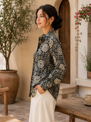 Women's Black Geo Print Cotton Shirt with Adjustable Back Tie-Up