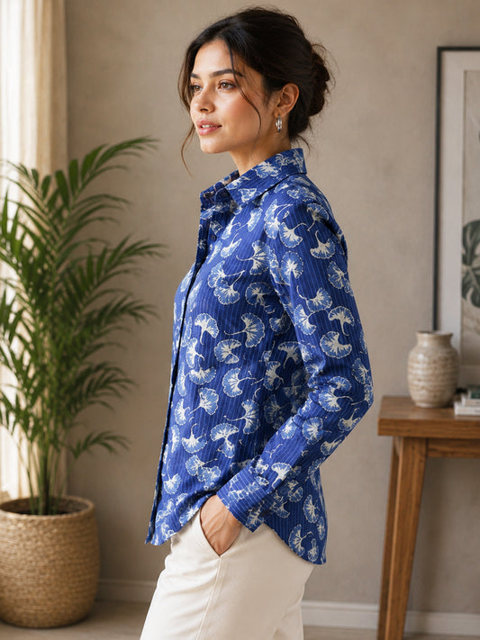 Women's Blue Floral Print Cotton Shirt with Adjustable Back Tie-Up