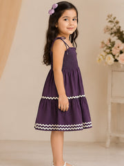 Purple Smocked Rayon Printed Tiered Dress with Tie-Up Straps