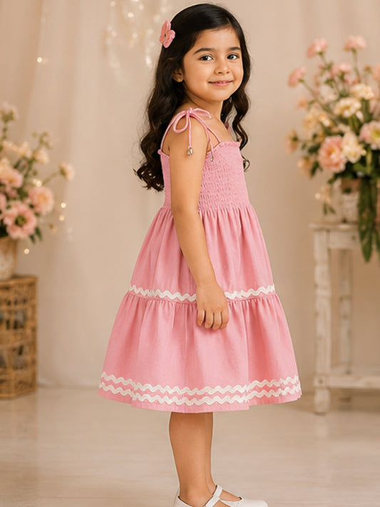 Pink Smocked Rayon Printed Tiered Dress with Tie-Up Straps