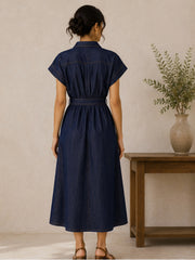 ZORA DARK INDIGO DENIM SHIRT MIDI DRESS WITH BELT