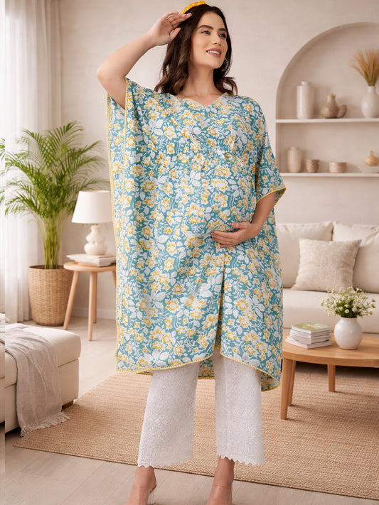 GREEN PRINTED MATERNITY KAFTAN CO-ORD SET WITH SMOKED PAJAMA