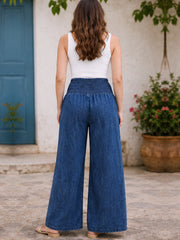 BLUE COTTON DENIM WOMEN'S MATERNITY SMOKED BOTTOM