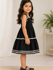 Black Smocked Rayon Printed Tiered Dress with Tie-Up Straps