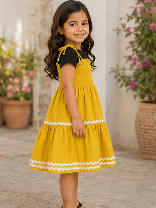 Mustard Smocked Rayon Printed Tiered Dress with Tie-Up Straps