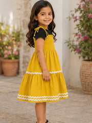 Mustard Smocked Rayon Printed Tiered Dress with Tie-Up Straps
