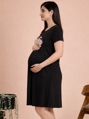 BLACK MATERNITY COTTON KNIT NIGHTDRESS WITH PRINT