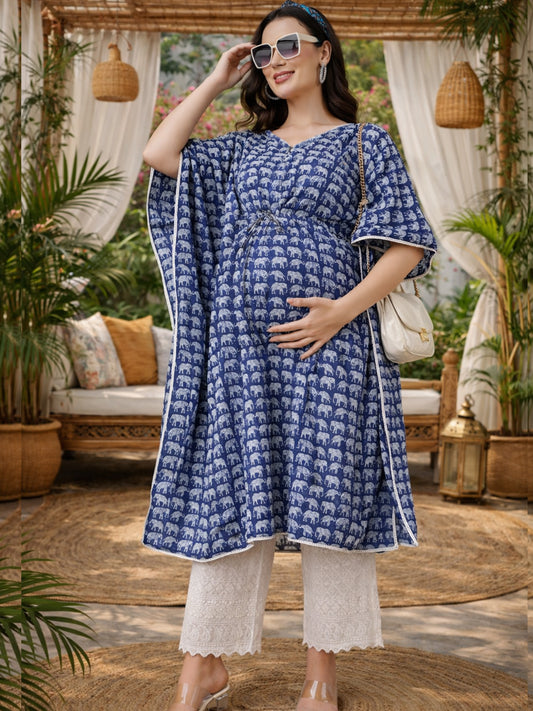 Blue Printed Maternity Kaftan Co-Ord Set with Smocked Pajama
