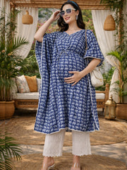 Blue Printed Maternity Kaftan Co-Ord Set with Smocked Pajama
