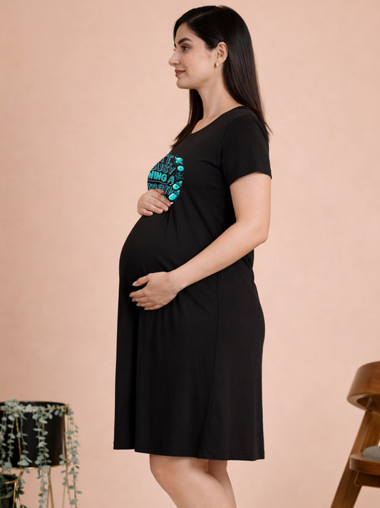 BLACK MATERNITY COTTON KNIT NIGHTDRESS WITH PRINT