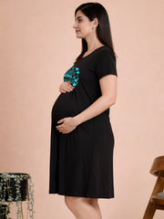 BLACK MATERNITY COTTON KNIT NIGHTDRESS WITH PRINT