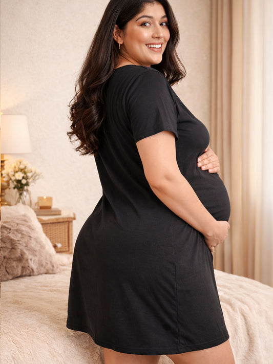 BLACK MATERNITY COTTON KNIT NIGHTDRESS WITH PRINT