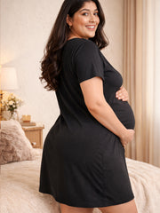 BLACK MATERNITY COTTON KNIT NIGHTDRESS WITH PRINT