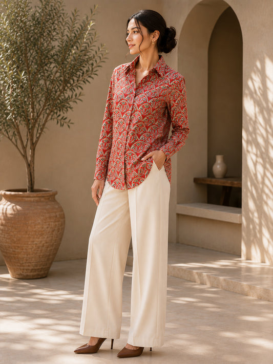 Women's Red Geo Print Cotton Shirt with Adjustable Back Tie-Up