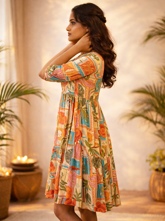 Women's Tropical Print Premium Rayon Tiered Dress