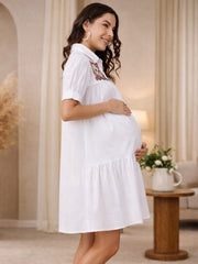 MATERNITY COTTON SHIRT DRESS WITH ARTISTIC EMBROIDERY