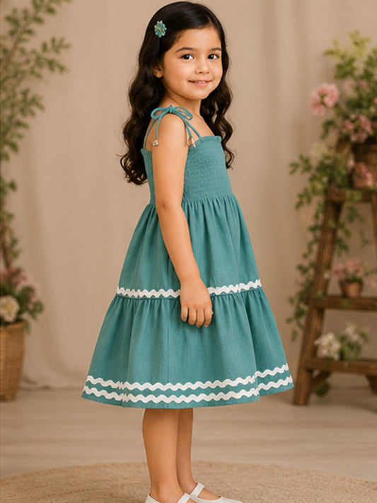 Green Smocked Rayon Printed Tiered Dress with Tie-Up Straps