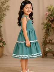 Green Smocked Rayon Printed Tiered Dress with Tie-Up Straps