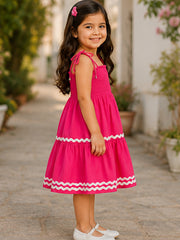 Fushia Smocked Rayon Printed Tiered Dress with Tie-Up Straps