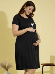 BLACK MATERNITY COTTON KNIT NIGHTDRESS WITH PRINT