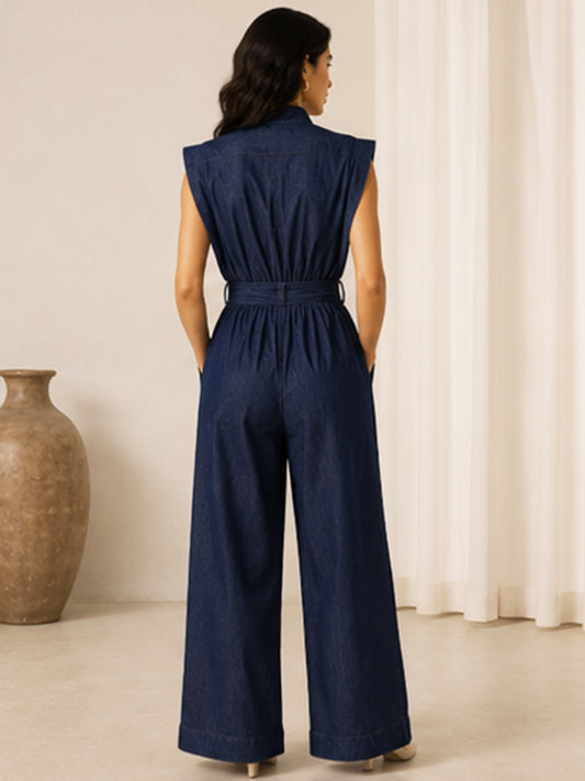 LINDA DARK INDIGO DENIM SLEEVELESS WIDE LEG JUMPSUIT