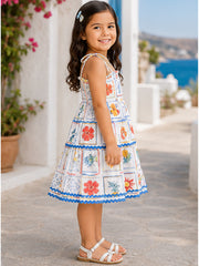 White & Blue Smocked Linen Viscose Printed Tiered Dress with Tie-Up Straps