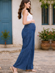 BLUE COTTON DENIM WOMEN'S MATERNITY SMOKED BOTTOM