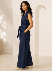 LINDA DARK INDIGO DENIM SLEEVELESS WIDE LEG JUMPSUIT