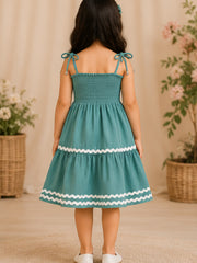 Green Smocked Rayon Printed Tiered Dress with Tie-Up Straps
